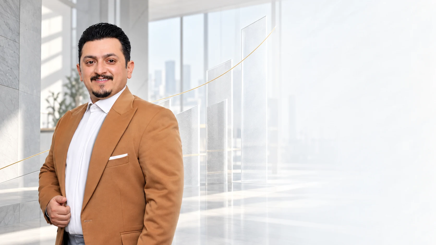 سعید خسروی با کت قهوهای و پسزمینه گرافیکی روشن